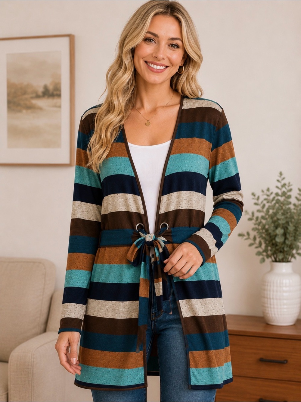 FYVE NWT Striped‎ Tie Front Cardigan Duster XL Lightweight Open Front